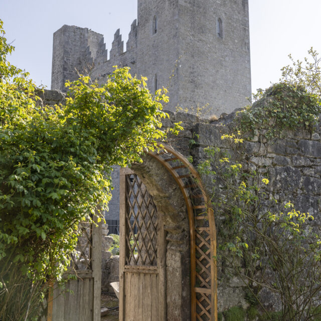 an arched doorway set within a wall is open leading toward the castle, which is looming above in the background.