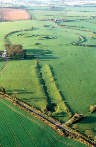 Aerial view of the earthen monument known as the Banqueting Hall on the Hill of Tara
