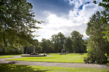 Wide shot of the greenery of the gardens, with the green of the grass and trees contrasting with the white of the clouded sky. Just behind the trees you can make out the top of the Aviva Stadium