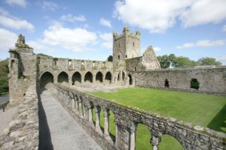 View of the Jerpoint Abbey tower and courtyard