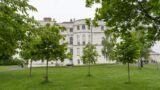 exterior of the castle, view through the trees