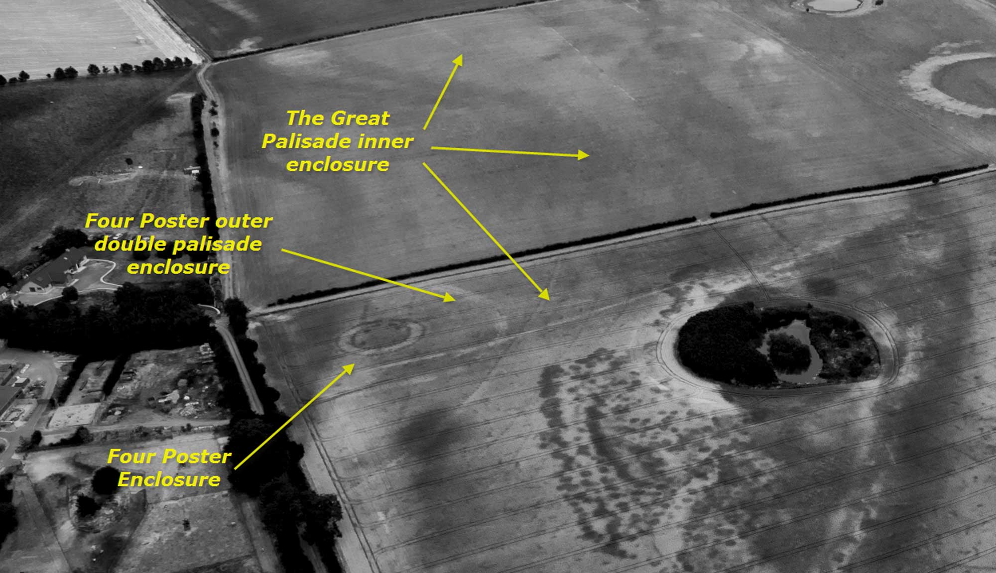 Annotated image showing view of triple palisade, looking south-east.