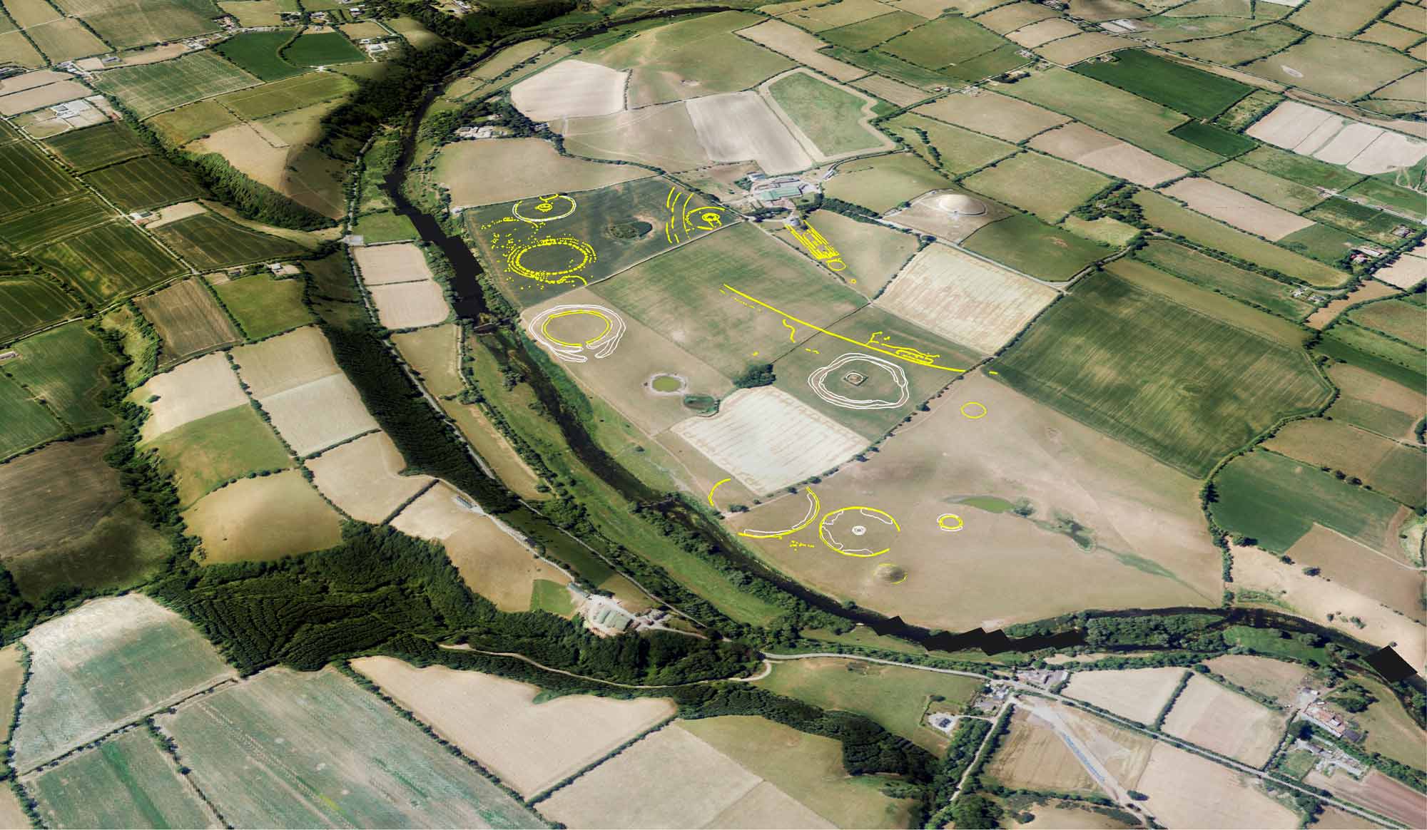 GIS surface model showing arrangement of monuments on the floodplain, viewed from south-east