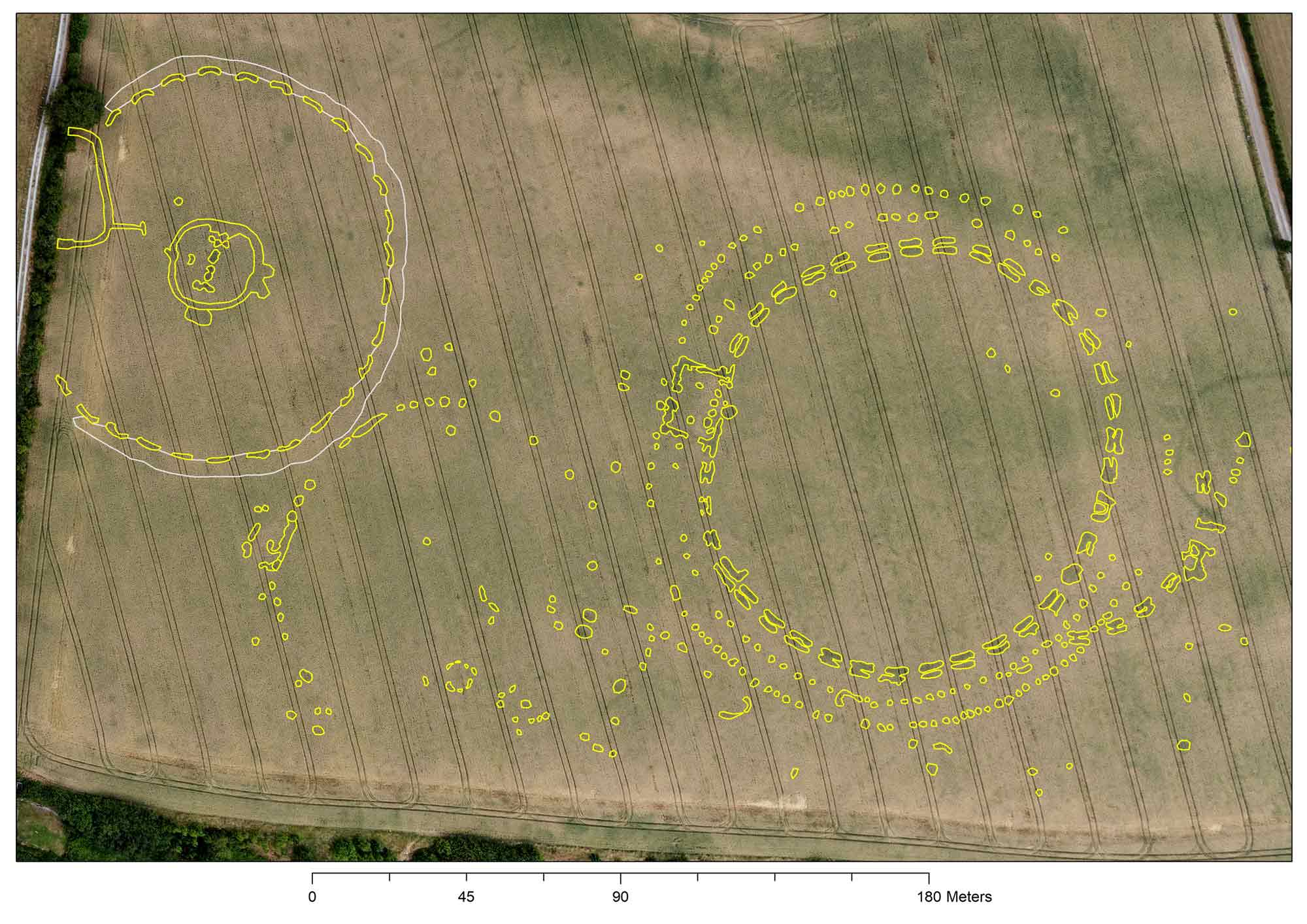 GIS plan showing the Univallate Henge (left), the Hidden Henge (centre) and the Geometric Henge (right).