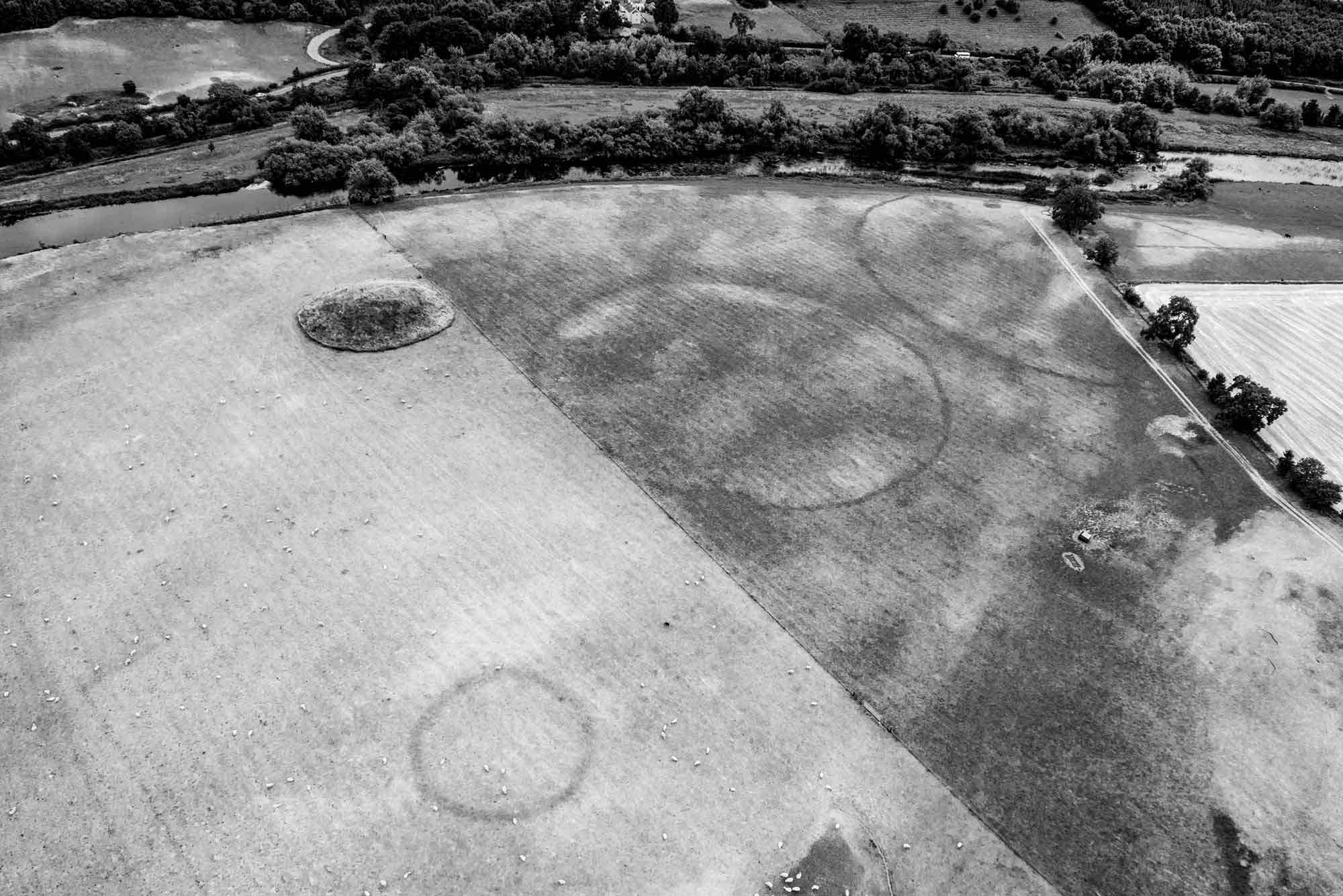 High-contrast image of the henge complex near the mound known as Site B (top left), showing as differential growth in grassland.