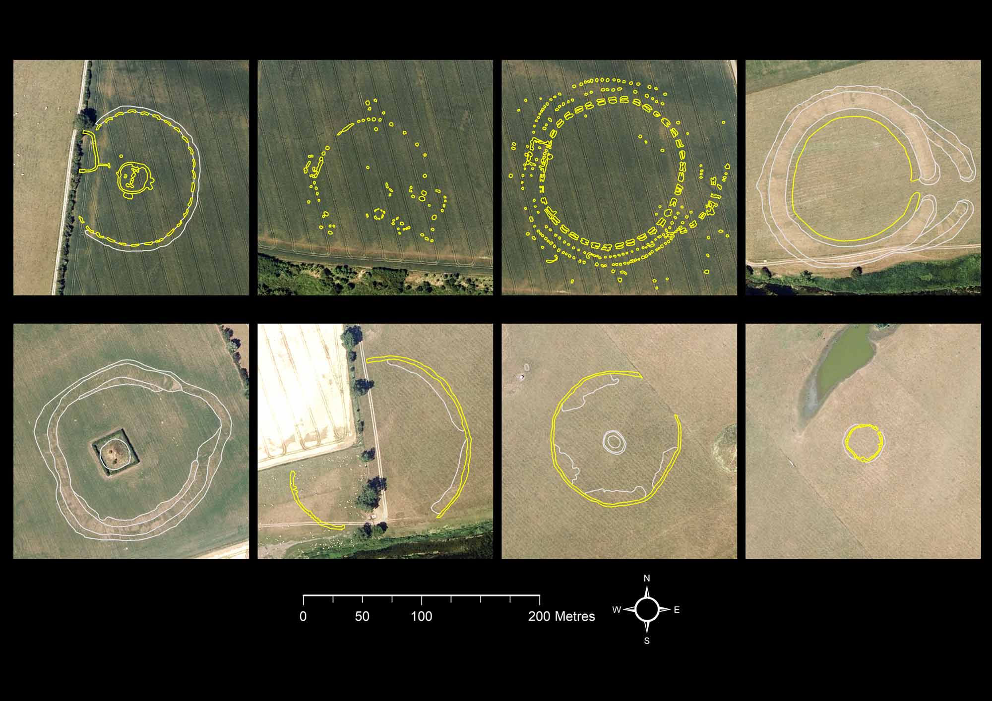 Tableau showing comparative sizes and designs of the Newgrange henges.