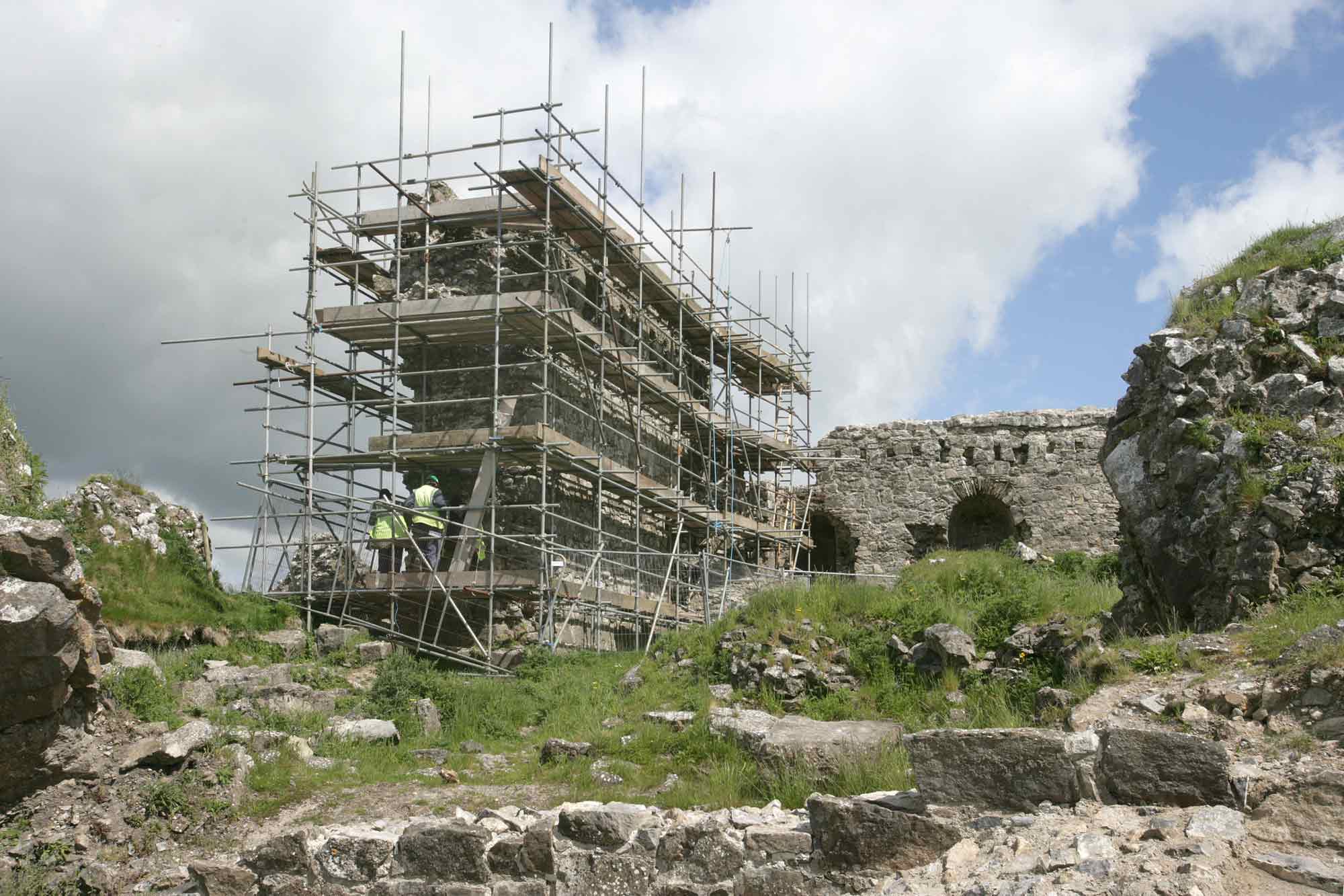 Conservation taking place on the Rock of Dunamase with scaffolding in place.