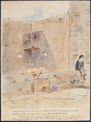 A watercolour of a fellow prisoner in one of the exercise yards around Kilmainham Gaol, painted by Mary Bourke-Dowling in 1923