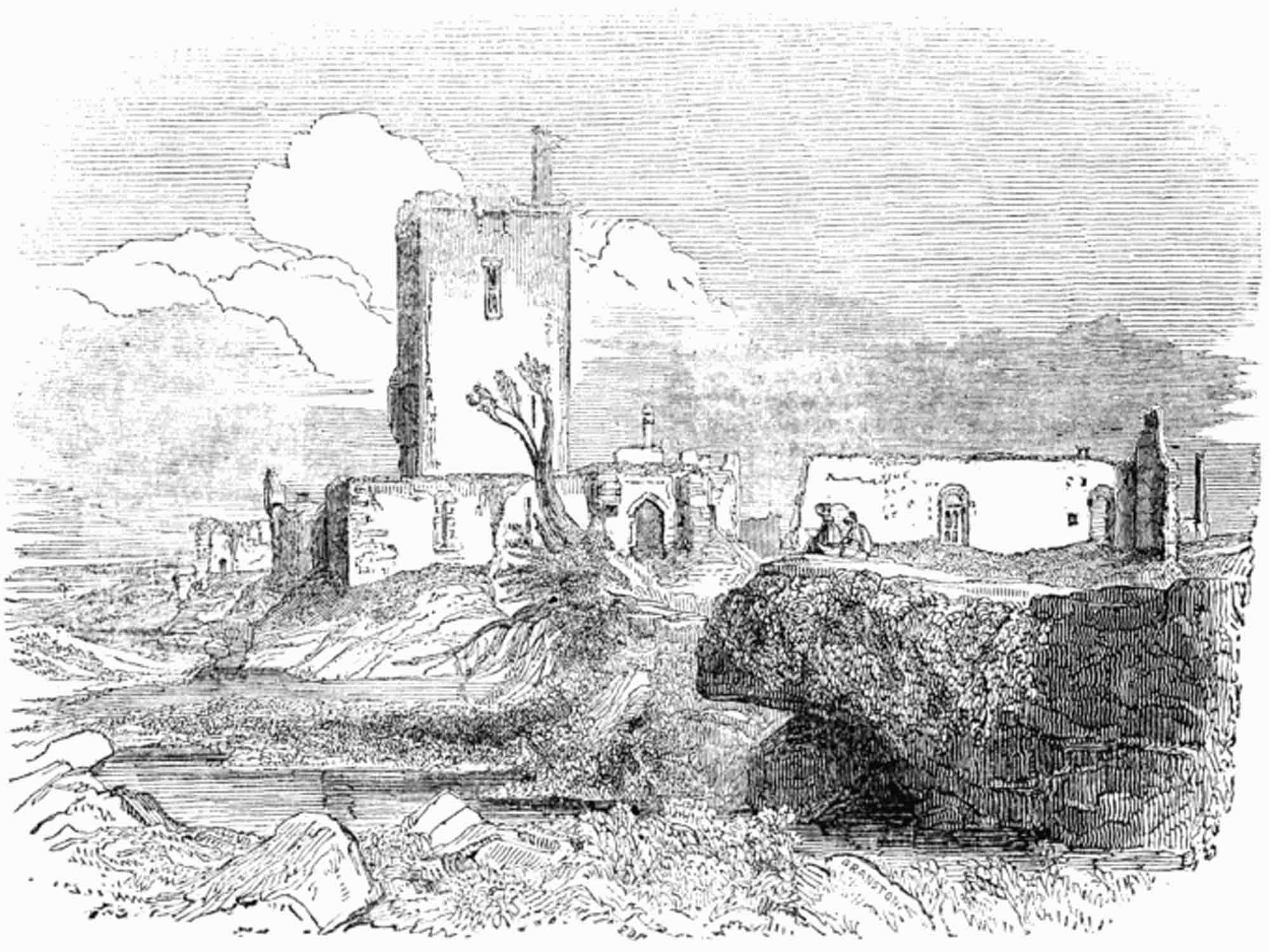 George Petrie’s sketch of Aughnanure Castle, 1839. Note the chimneystack of the great kitchen in the centre of the image