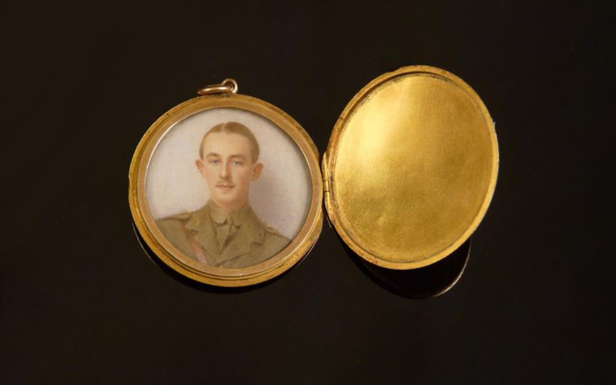 An Edwardian gold locket holding an image of Guy Vickery Pinfield of Bishops Stortford, who was commissioned as a second lieutenant into the 8th King’s Royal Irish Hussars in August 1914. He was killed aged 21 in the Easter Rising in Dublin. Photograph: Sworders Fine Art Auctioneers