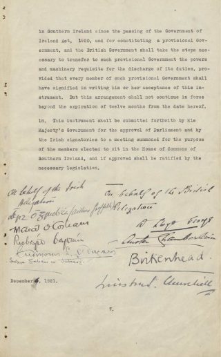 The signature page of the Irish copy of the Anglo-Irish Treaty, formally known as the Articles of Agreement, signed by the Irish and British delegates on 6 December 1921. National Archives. TSCH/2002/5/1