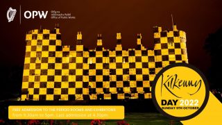 Kilkenny Castle lit up in chequer-board in celebration of Kilkenny Day 2022