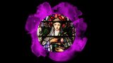 A stained glass image of Saint Brigid. She wear a crown and over her nun's habit. She holds a leafy frond and a cup. Her sacred heart is visible. Behind her are celtic motifs. The image of Brigid is surrounded by purple flames that look like flower petals.