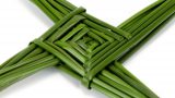 A close-up view of a St Brigid's Cross made of fresh green rushes.