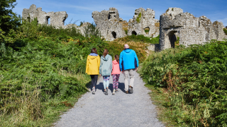 A family of 4 walk up the pathway leading to the Rock of Dunamase
