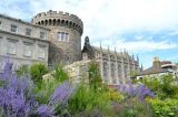 The gardens at Dubh Linn, containing swathes of purple flowers including Russian sage. Behind the lush border, the imposing stone forms of Dublin Castle Record Tower and the Chapel Royal are visible.