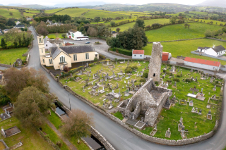 Aerial view of Aghagower's graveyard and tower