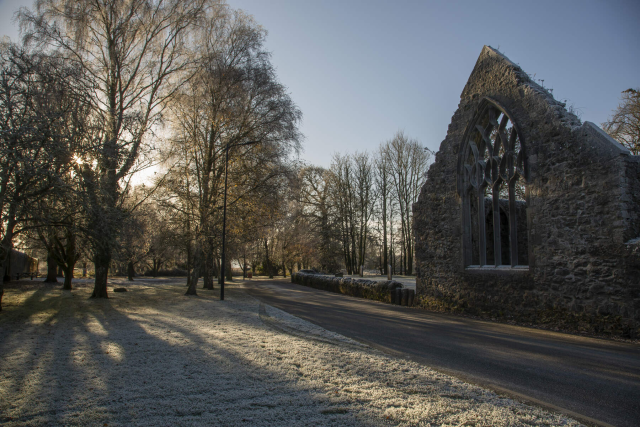 The remains of the church wall is on the right side of the image, with bare trees allowing the sunlight to stream through