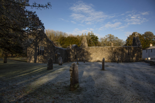 Winter sunlight illuminates the quiet graveyard