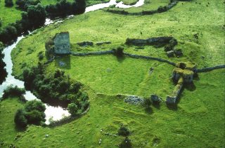 Aerial view of the ruins of Kiltartan Castle