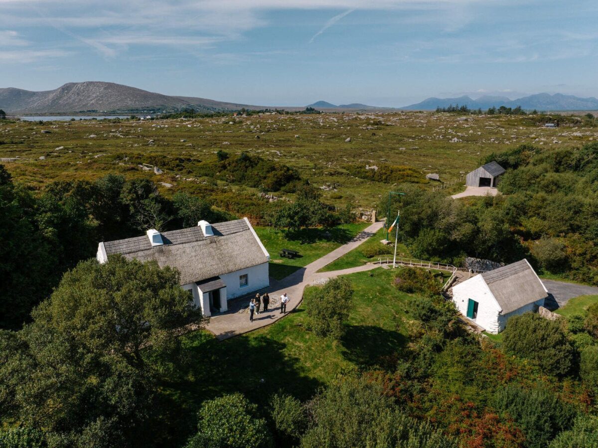 aerial view of pearse cottage among the mountains