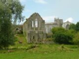 exterior ruins of buttevant from a distance, overlooking green fields