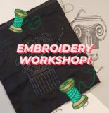 The words 'Embroidery Workshop' written over an embroidered image of an Ionic column.