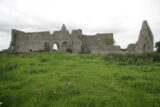 side view of the roofless abbey ruins