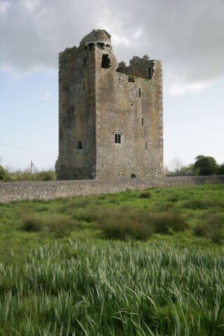 slightly distanced view of the castle, standing tall within the grassy surrounds