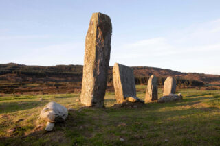 Four standing stones, of differing heights, lined up in a row. They are set within a rugged field.