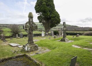 2 celtic-style crosses with a tree centred between them