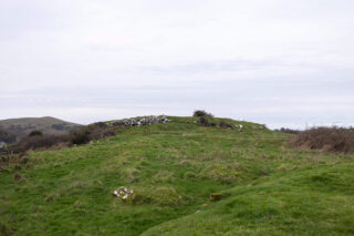 a view of the ringfort from below, looking up. Mostly a grassy mound, with the wall of stones visible