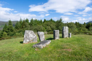 Six standing stones in a field backdropped by Evergreen trees. Five of the stones are standing, and of differing heights, and one is horizontal.