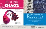 Promotional poster for 'Beyond Chaos' and 'Roots' with pink and blue colours.