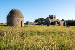 external view of the abbey, with cows grazing in the field, and a beehive-like stone hut across from the abbey.