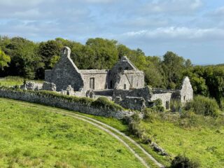 the tracks in the grass that lead towards the abbey ruins