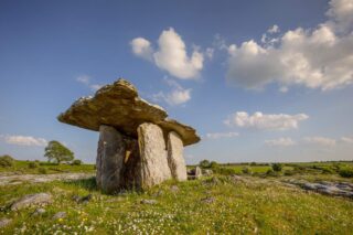 the stone dolmen standing in the grassy surrounds of the Burren.