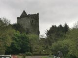 The stone castle looms tall above the trees that surround it.