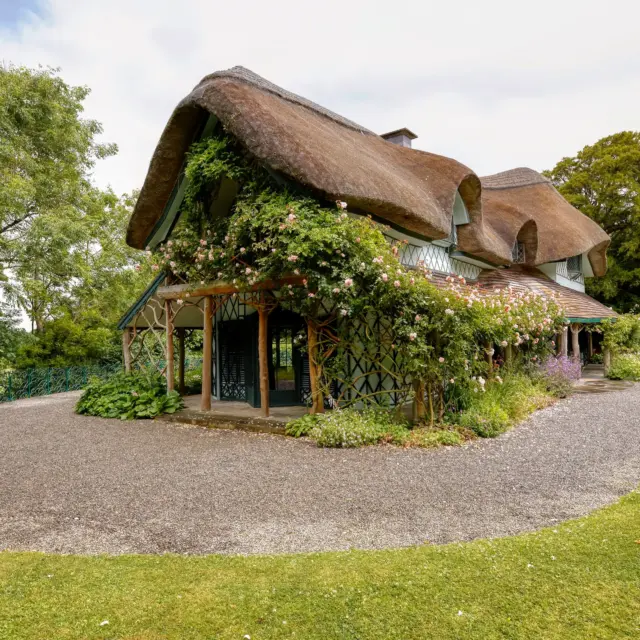 a thatched roof cottage with flowers and vines growing all around the front of the building