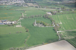 aerial view of the enclosed monastic settlement within a large field