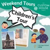 Cartoon poster advertising a children's tour of the custom house