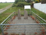 two small ogham stones, within gravel, surrounded by a small protective steel fence