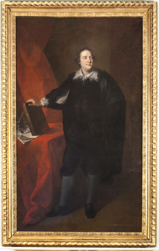 a painting within a gold frame of a man standing, wearing all black.