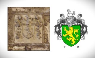 image of a shield designed in stone, and a designed replica beside it