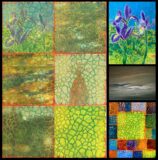 An colleague of abstract paintings in blue and green.
