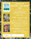 A yellow poster with images of two people advertising a panel discussion and ceremonial tree planting.