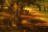 An abstract painting of two people walking in the woods. It is coloured mainly in brown, orange, and yellow.