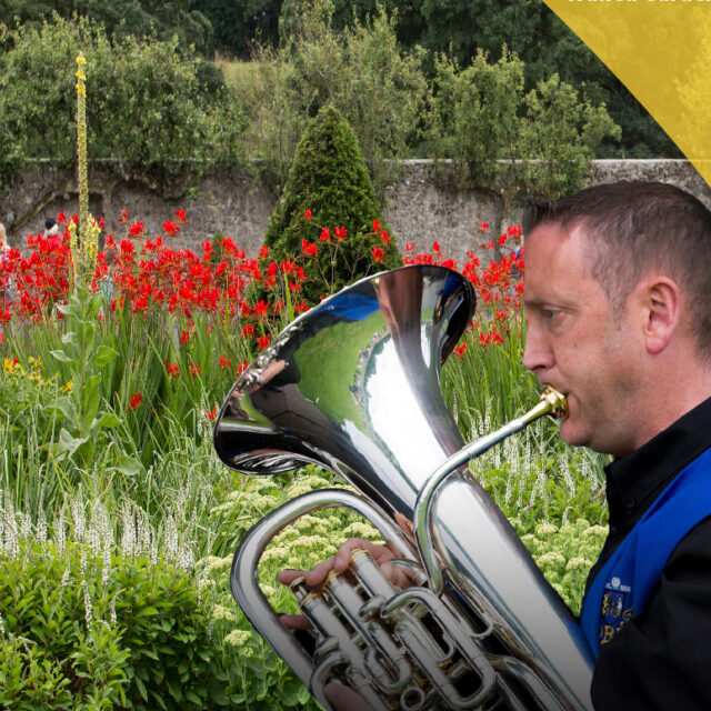 Poster for Drogheda Brass Band event at Battle of the Boyne shows a perfformer super imposed in front of the Wall Garden