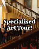 People walk up a grand staircase. the words specialised art tour is written over them.