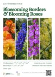 Poster for Blossoming Borders and Blooming Roses Tours shows seasonal blooms and related text